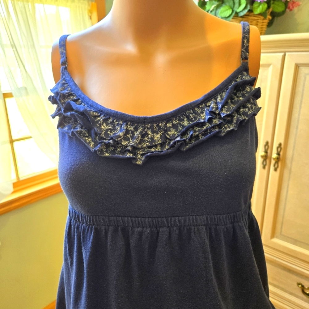 Blue Summer Top, Blue & White Ruffles at Neckline and Hemline, Spaghetti Straps